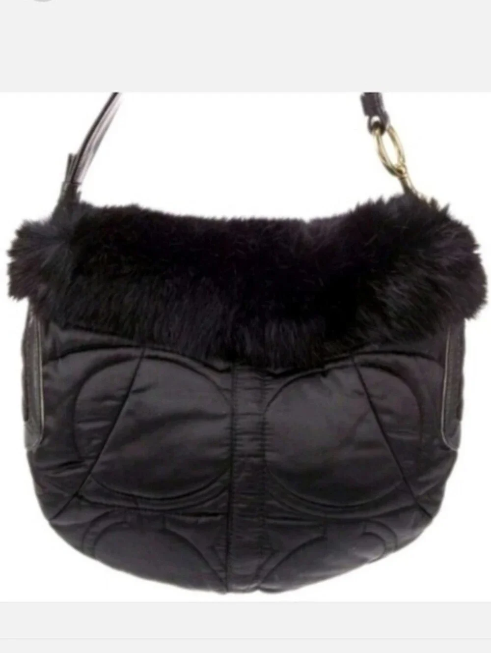 Coach Signature Black Rabbit Fur Fluffy Trim Quilted Shoulder Bag